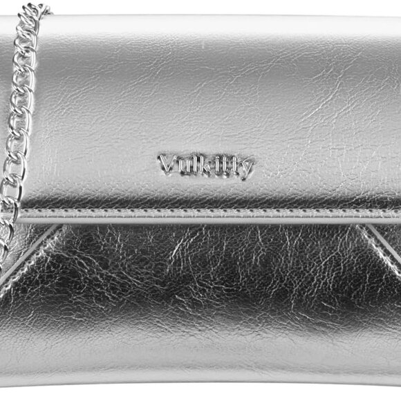 Envelope Clutch Purse for Women Silver Evening Handbag with Detachable Chain - Picture 1 of 7